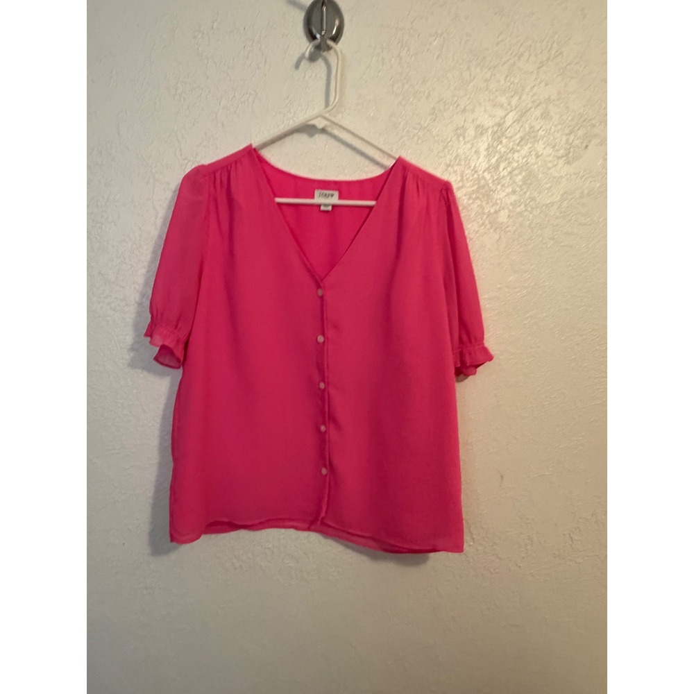 J.Crew Womens Hot Pink V-Neck Ruffle Short Sleeve Button Down Blouse Size S